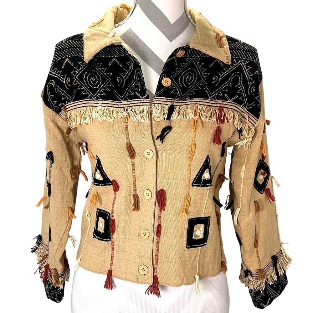 VTG Silver Stream Tan Black Southwestern Aztec‎ Embroidered Fringe Jacket Size S